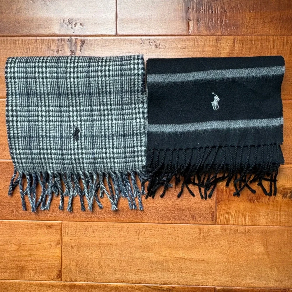 Polo Ralph Lauren Reversible Plaid & Striped Wool Scarf Set Mens OS Italy